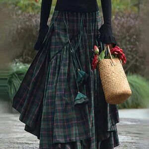 Green Casual Women's Plaid Asymmetrical Floral Belted Skirt